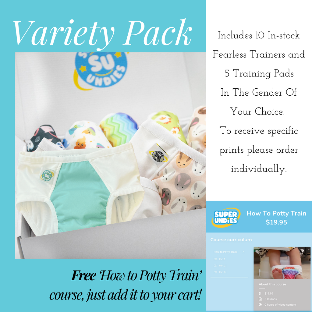 A variety of colorful toddler training pants and inserts displayed on a white background, with the Super Undies logo and information about the product offer.