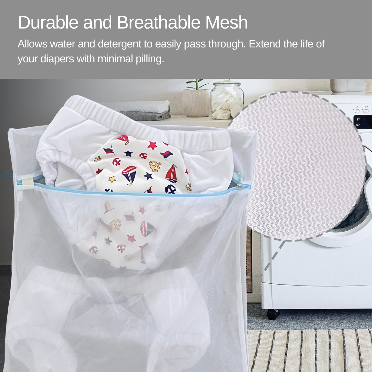 Baby diaper mesh bag with diapers inside, washing machine in the background, text about durability and breathability.