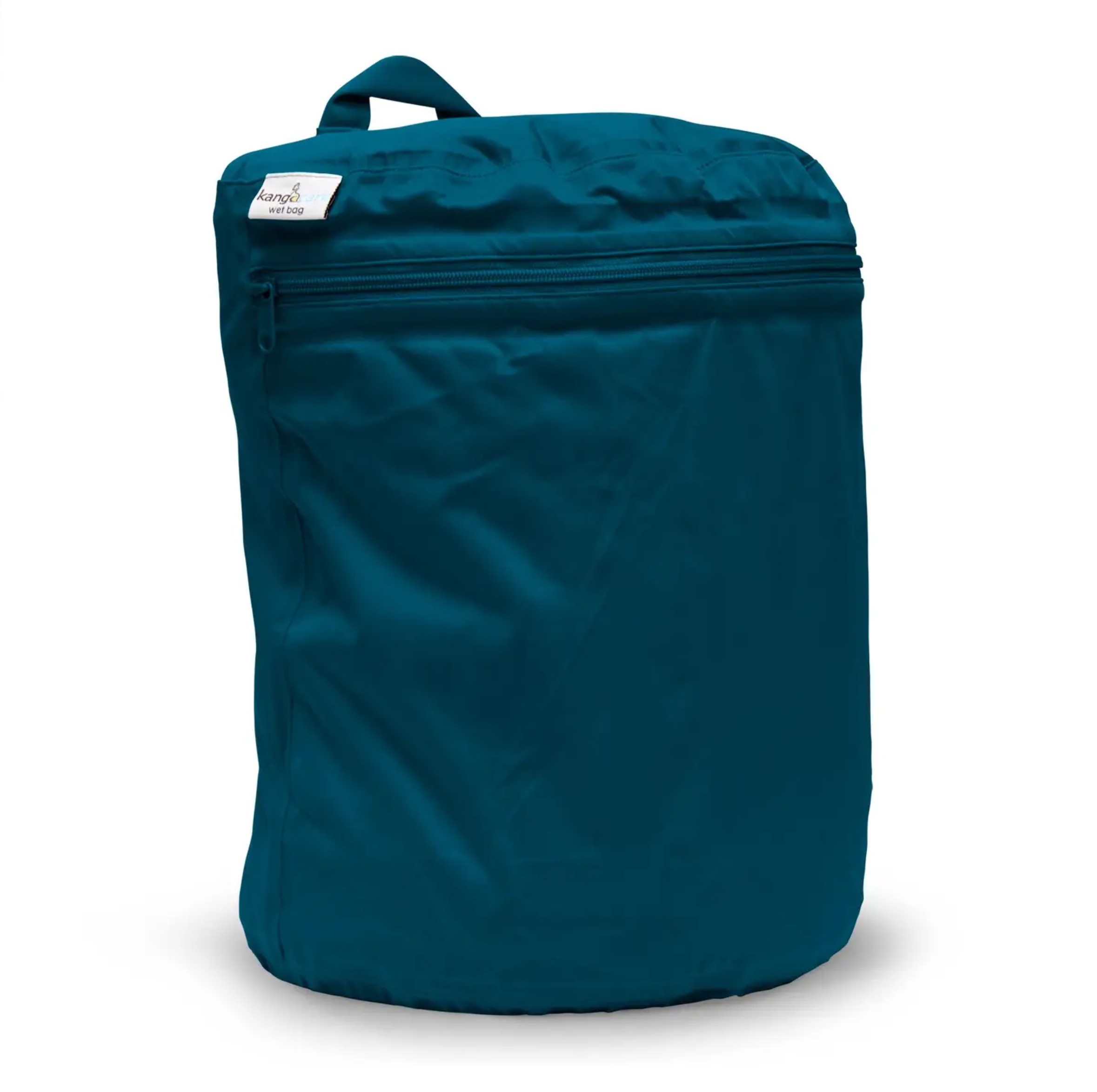 A dark blue Kangacare Wet Bag with a half moon shape, featuring a heavy duty zipper and a strap with a snap for attaching to stroller handles or other fixtures.