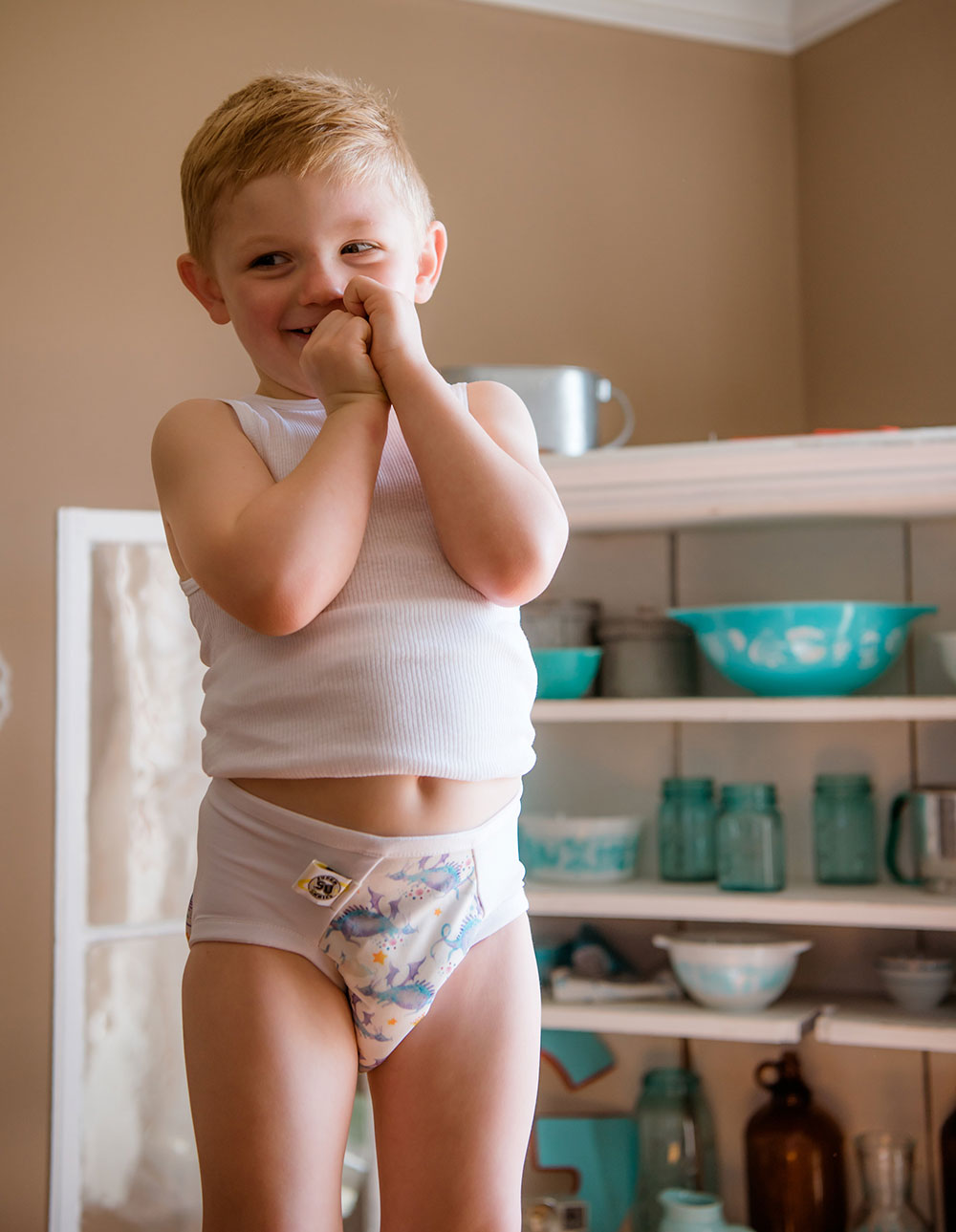 Toddler boy in Super Undies Fearless Potty Training Pants for toddlers